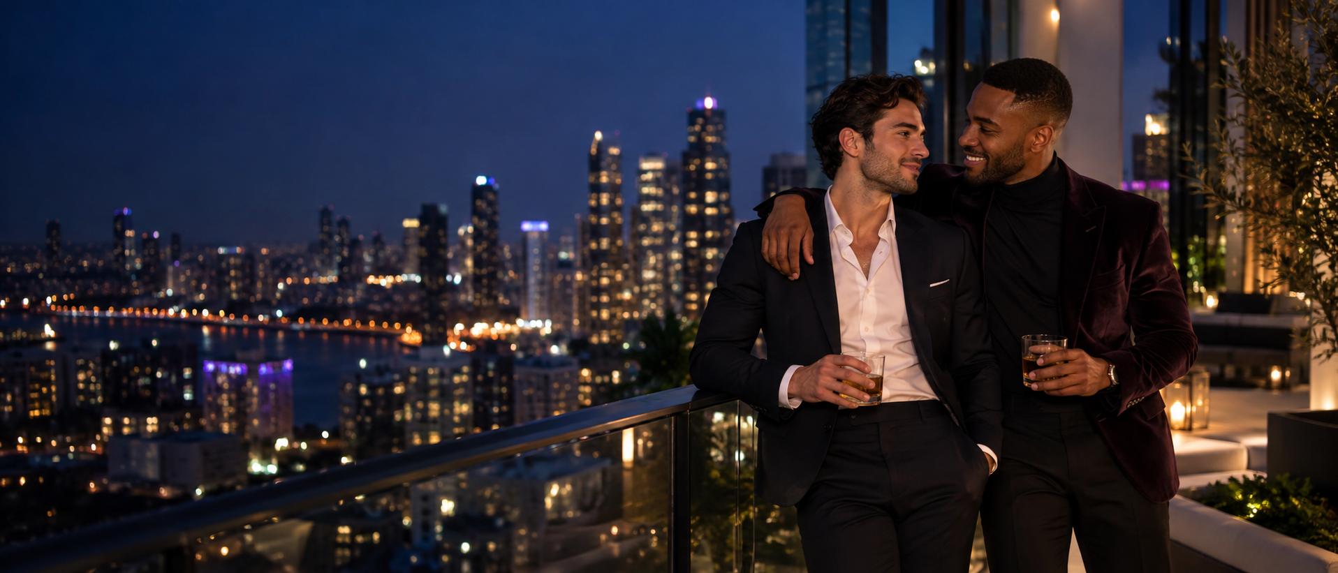 Two adult men sharing a warm moment on a city rooftop at night